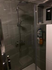 a shower with a glass door in a bathroom at A modern flat in Southeast London in London
