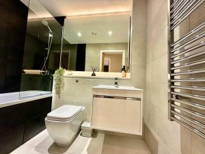 une salle de bain avec toilettes, lavabo et miroir dans l'établissement The Stag City Centre Cosy 1 Bed Long Term Stays Welcome, à Plymouth 17 autres photos