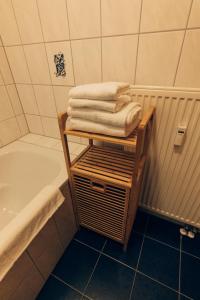 a bathroom with a towel rack next to a bath tub at Hundefreundliche Ferienwohnungen Brombachsee in Enderndorf +56 photos
