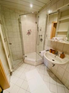 a bathroom with a shower and a sink at Hundefreundliche Ferienwohnungen Brombachsee in Enderndorf
