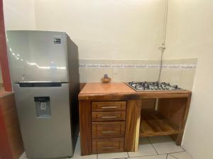 a kitchen with a stainless steel refrigerator and a counter at hermosa casa para vacacionar in Puerto Escondido