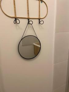 a mirror hanging on a wall in a bathroom at Fenêtre sur cour du Docteur Privey in Tournus