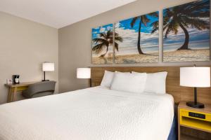 a hotel room with a bed and palm trees at Days Inn by Wyndham Miami Airport North in Miami