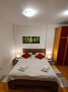 una camera da letto con un grande letto con due cuscini rossi di Belvedere a Niš