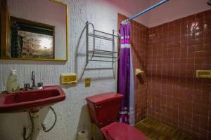 ein Badezimmer mit einem roten WC und einem Waschbecken in der Unterkunft ¡Nueva! Bamboo Tesoro del Bosque in Morelos