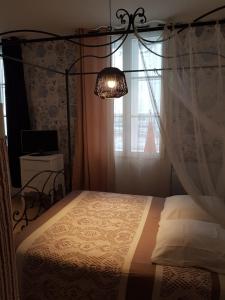 a bedroom with a canopy bed with a window at La suite du Docteur Privey in Tournus