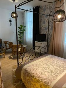 a bedroom with a bed and a desk with a television at La suite du Docteur Privey in Tournus