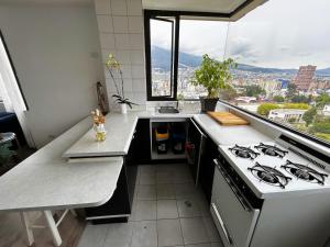 kuchnia z kuchenką i dużym oknem w obiekcie Stanford Suites Hotel w mieście Quito