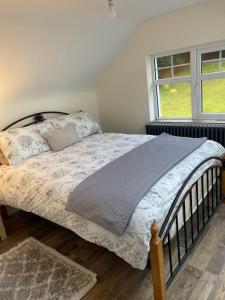 Carrick Lodge Mourne Mountains في نيوري: سرير في غرفة نوم مع نافذة