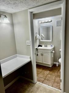 uma casa de banho com um lavatório, uma banheira e um WC. em Cozy 2BR in Alexandria, VA em Alexandria