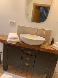 a bathroom counter with a sink and a mirror at Scheune im Grünen in Staufen im Breisgau