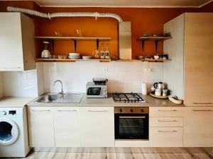 cocina con fogones, fregadero y microondas en Salvandola, en Ivrea