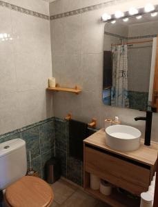 a bathroom with a sink and a toilet and a mirror at La Molina - acogedor apartamento cerca de las pistas de esquí in La Molina