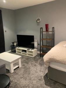 a living room with a television and a bed at Manchester Old Trafford CityView En-Suite Apt in Manchester