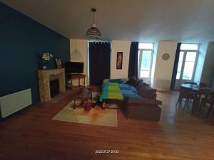 a living room with a couch and a fireplace at Appartement en cœur de ville in Mauléon-Licharre