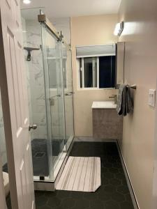 y baño con ducha acristalada y lavamanos. en Private room near Facebook, Amazon, Stanford, en East Palo Alto
