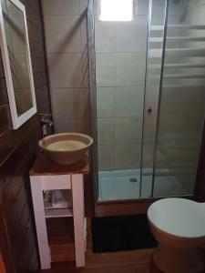 a bathroom with a sink and a glass shower at Cabañas Las Escondidas in Chascomús