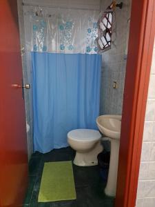 ein Bad mit einem WC und einem blauen Duschvorhang in der Unterkunft Chalé na Praia Martim de Sá in Caraguatatuba