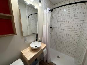 a bathroom with a shower and a sink and a toilet at Explorer Rest & Recreation in Sandusky