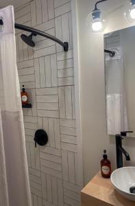 baño con ducha y puerta corredera en Explorer Rest & Recreation, en Sandusky