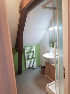 La salle de bains est pourvue d'un lavabo et d'un miroir. dans l'établissement Le Palmier des Rochers, à Saint-Léonard