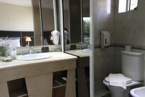 a bathroom with two sinks and a toilet and a mirror at SAMARÁN SUITES in Villa María