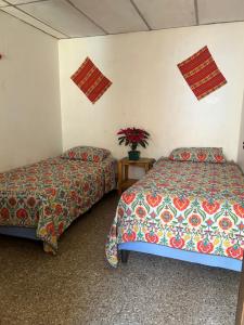 a bedroom with two beds and a table with a plant at Esperanza Hostel in Antigua Guatemala