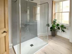 baño con cabina de ducha de cristal y maceta en Purves Cottage, en Allanton
