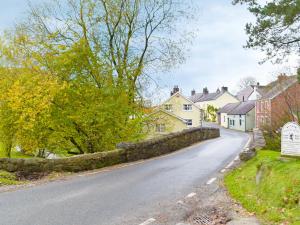 a village street with houses and a stone wall at Yr Hen Efail in Abergorlech