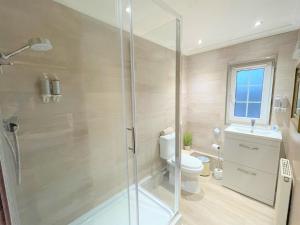 a bathroom with a shower and a toilet and a sink at Dalgarven Spa House in Dalry