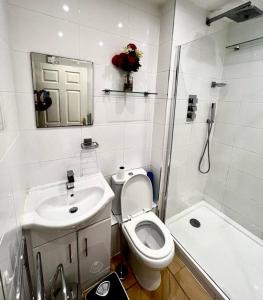 a white bathroom with a toilet and a sink at Chancellor Apt Nr Uni/Hosp/CityCtr & all Amenities in Liverpool