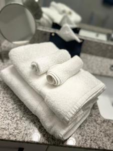 due asciugamani bianchi seduti su un bancone in bagno di Atlanta Cozy Loft Apartment ad Atlanta