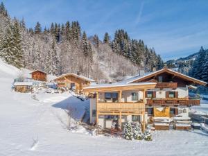 una casa de madera en la nieve con árboles en Blick auf den Rettenstein Top 1, en Kirchberg in Tirol