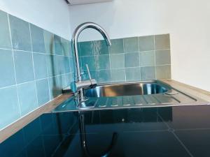 a stainless steel sink in a kitchen with blue tiles at L'Esprit Vert Rivage ~Gare St ROCH ~FREE Parking in Amiens