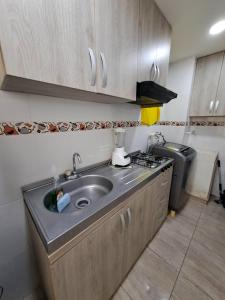卡塔赫納的住宿－Cómodo apartamento en Cartagena，厨房配有水槽和垃圾桶