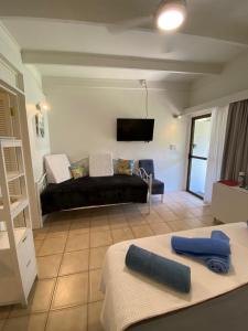 ein Wohnzimmer mit einem Sofa und einem TV in der Unterkunft COST EFFECTIVE ISLAND ESCAPE! Studio Unit, Nelly Bay in Nelly Bay