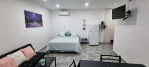 ein Wohnzimmer mit einem Bett und einem Sofa in der Unterkunft El jacaranda Alojamiento Diario in San Luis