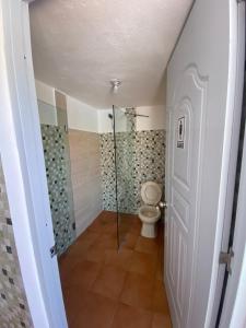 a bathroom with a toilet and a glass shower at Perfecto para Descansar y Desconectarse Villa Zapata - Apartamentos Turísticos in San Cristóbal