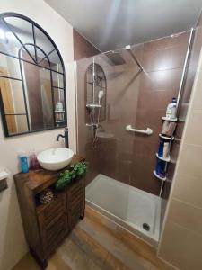 uma casa de banho com um lavatório e um chuveiro com um lavatório. em Chalet entero en La Rioja em Briones