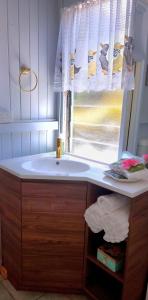 een badkamer met een wastafel en een raam bij JDs Tropical stays in Cairns
