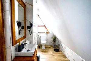 La salle de bains est pourvue d'un lavabo et de toilettes. dans l'établissement Apartamenty u Trebuniów, à Suche