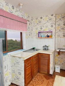 a kitchen with a sink and a counter with writing on the wall at Moonlight, Galápagos in San Cristobal