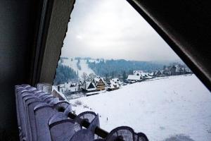 uma vista para uma aldeia coberta de neve a partir de uma janela em Apartamenty u Trebuniów em Suche