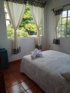 um quarto com uma cama e duas janelas em Casa Sauces em Tepoztlán