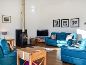 ein Wohnzimmer mit blauen Sofas und einem Kamin in der Unterkunft The Longhouse At Threave in Castle Douglas