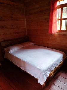 Bett in einer Holzhütte mit Fenster in der Unterkunft Cabaña Bella Vista in Pereira