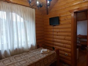 una camera con letto e televisore in una cabina di Pyate Koleso a Lazeshchyna