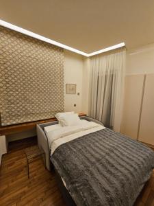 1 dormitorio con cama y pared en Elektras Apartment στο κέντρο της Λάρισας με δωρεάν πάρκιγκ, en Larisa