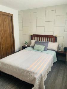 1 dormitorio con 1 cama grande y 2 mesas en Casa Rose Gold, en Guadalajara