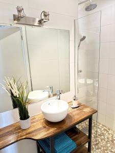 y baño con lavabo blanco y ducha. en Appart design, plein centre Marseille, en Marsella